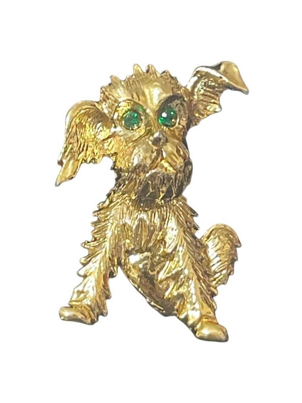 Figural Brooch Gold-Tone Shaggy Dog  Green Rhinestone Eyes Unsigned